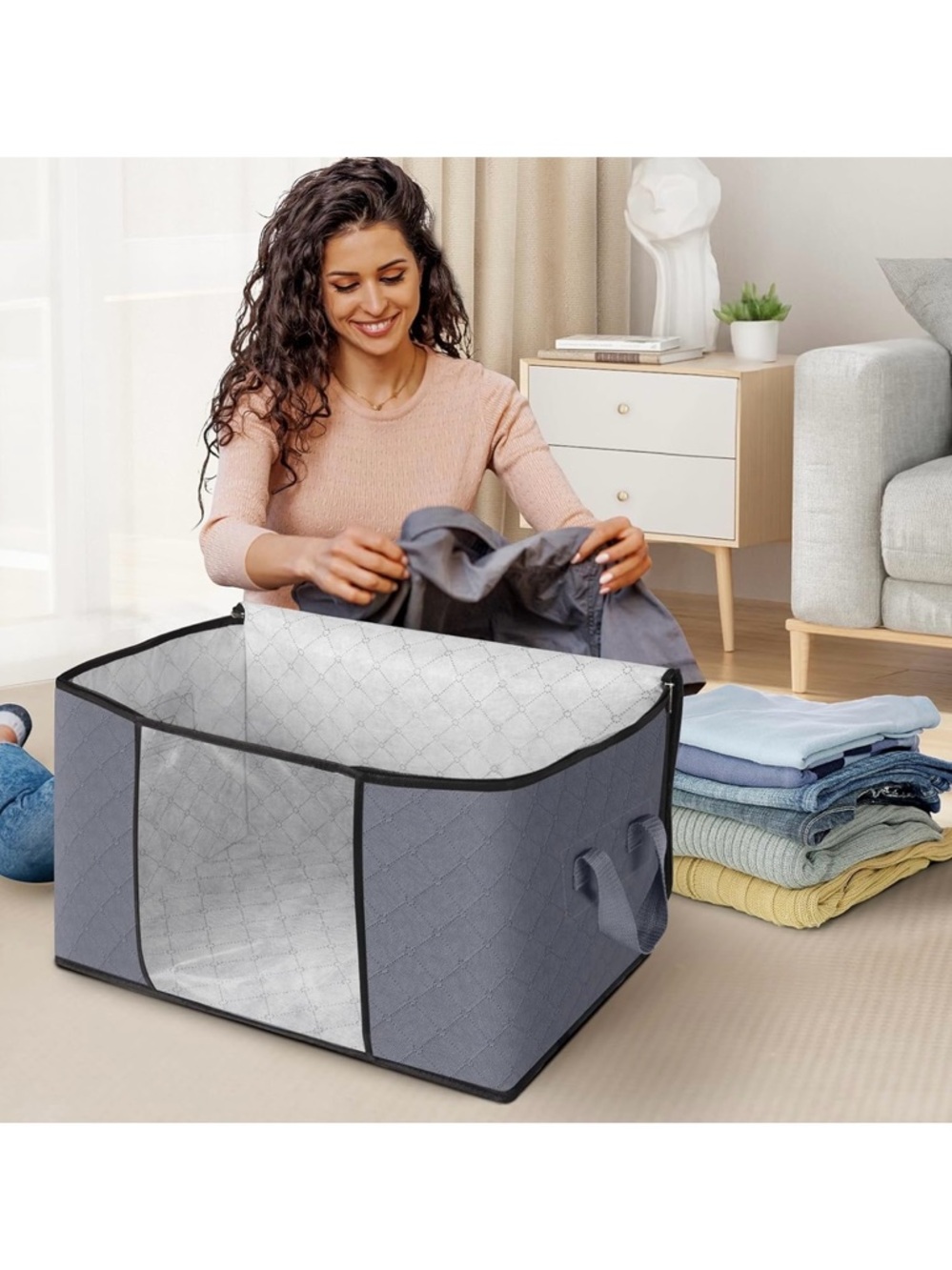 Large Gray Fabric Storage Bin with Clear Front Panel